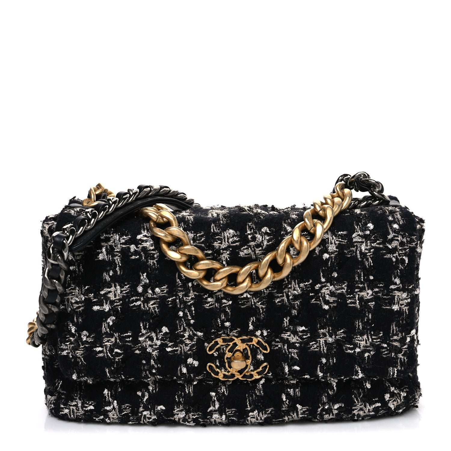 Chanel Tweed Quilted Large Chanel 19 Flap Black Silver Ecru