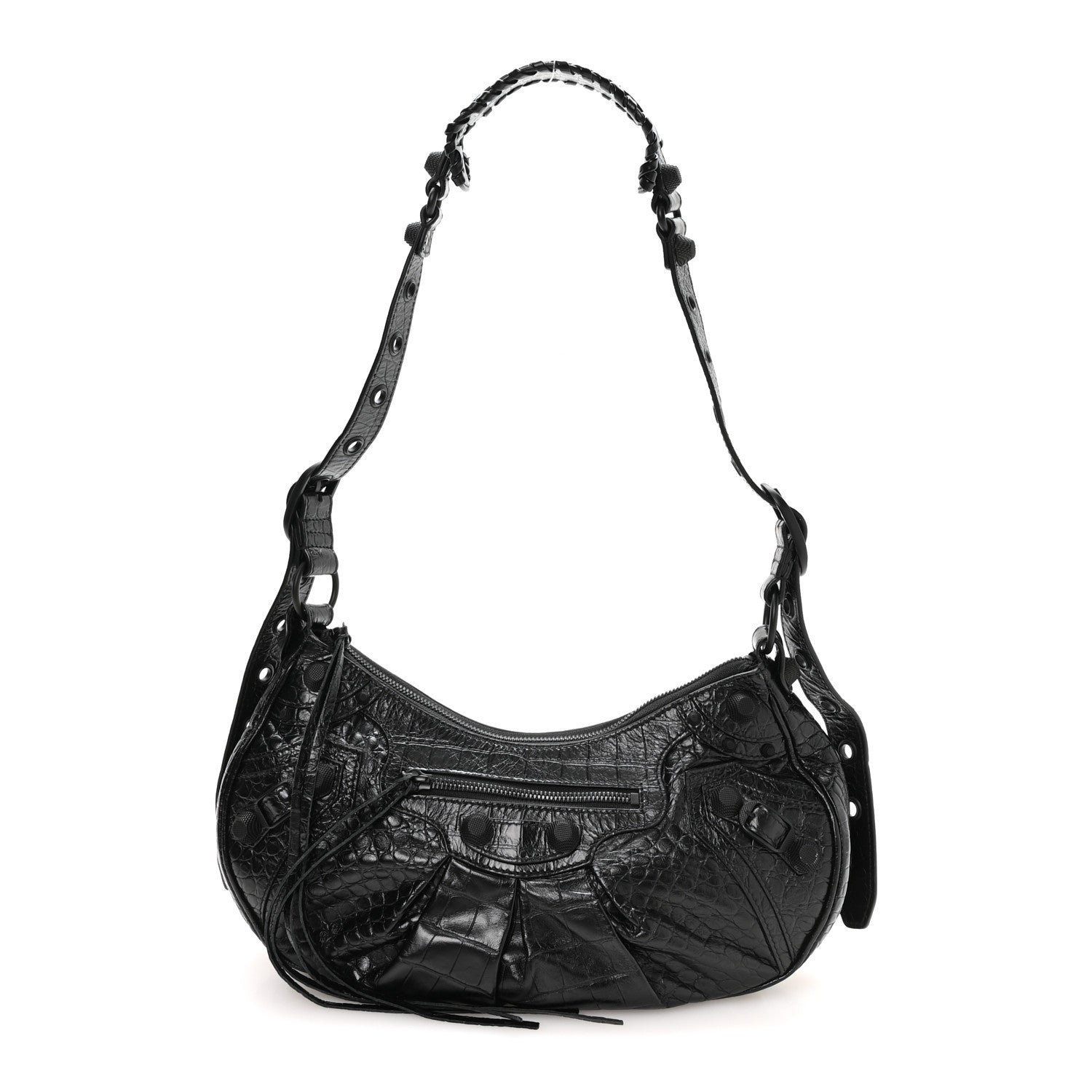Balenciaga Extra Supple Calfskin Crocodile Embossed Monochrome Small Le Cagole Shoulder Bag Black