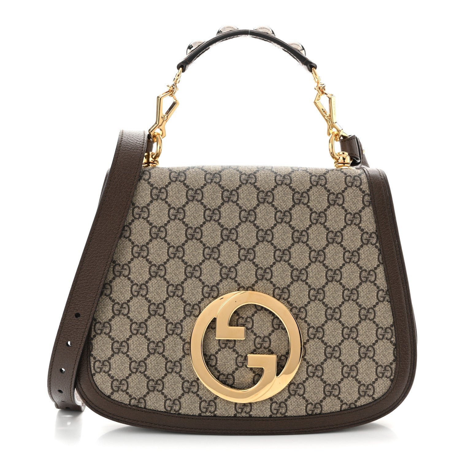 Gucci GG Supreme Monogram Textured Dollar Calfskin Web Medium Blondie Top Handle Shoulder Flap Bag Beige Ebony New Acero