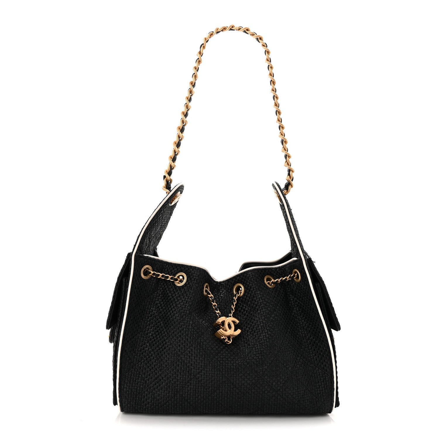 Chanel Braided Raffia Calfskin Small Chanel 25 Handbag Black White