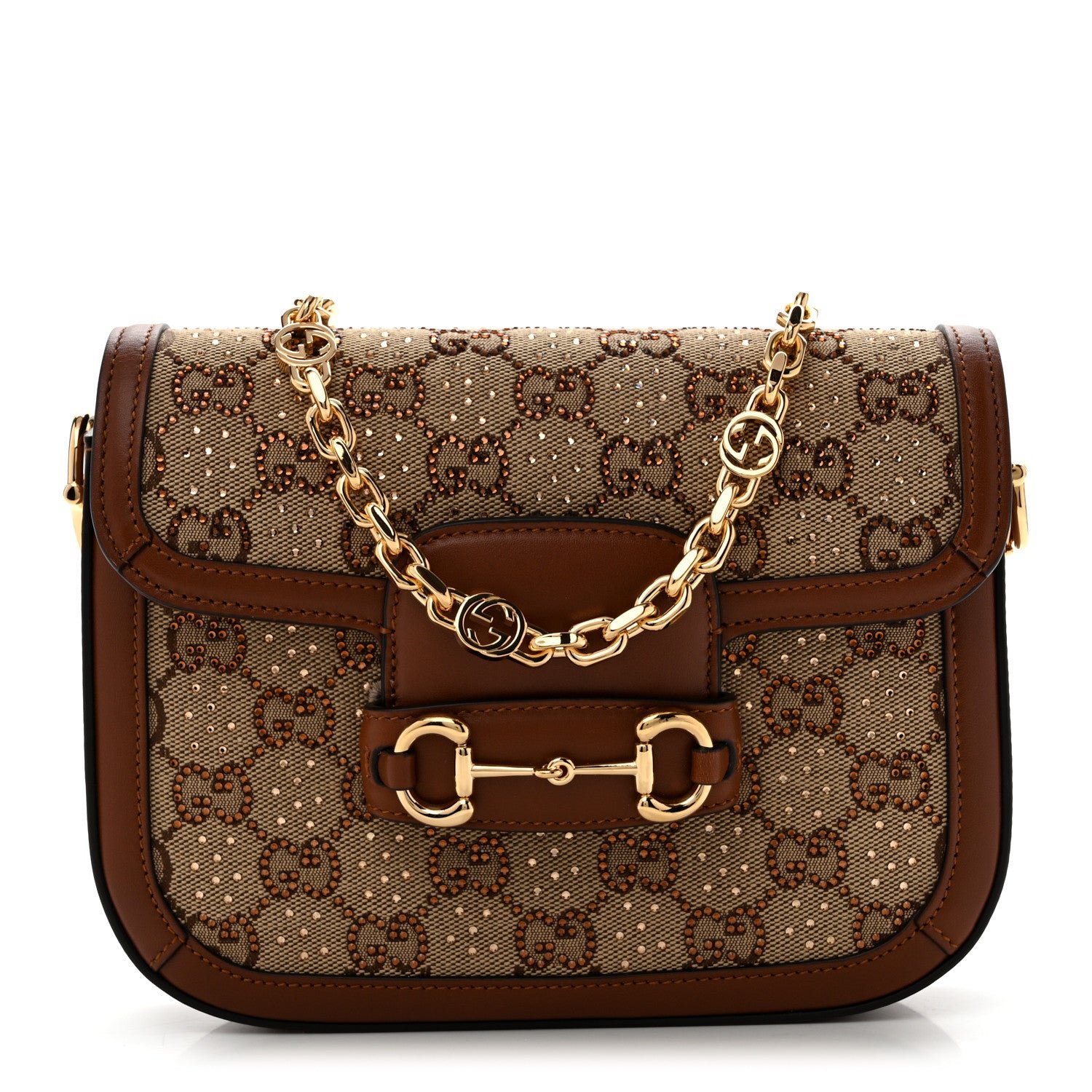 Gucci New Canvas Charisma Calfskin Crystal GG Monogram Mini Horsebit 1955 Shoulder Bag Camel Ebony