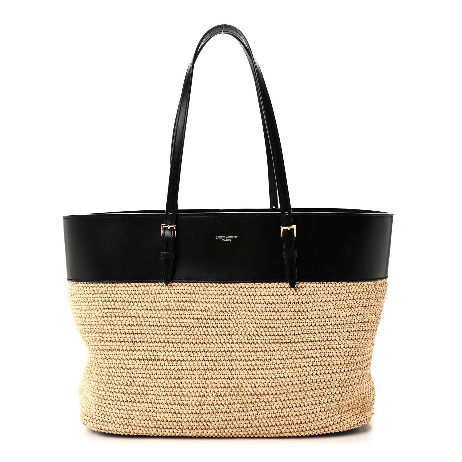 Saint Laurent Calfskin Raffia Medium Shopper Tote  Naturale Black