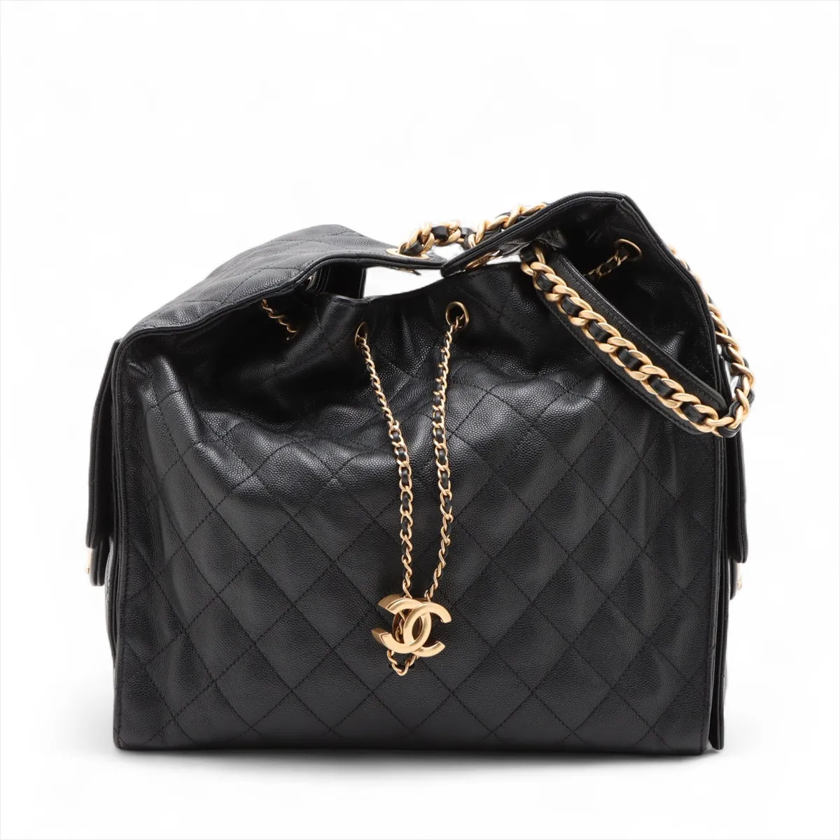 Chanel Chanel 25 Medium Caviar Skin Chain Shoulder Bag Black Gold Metal Fittings