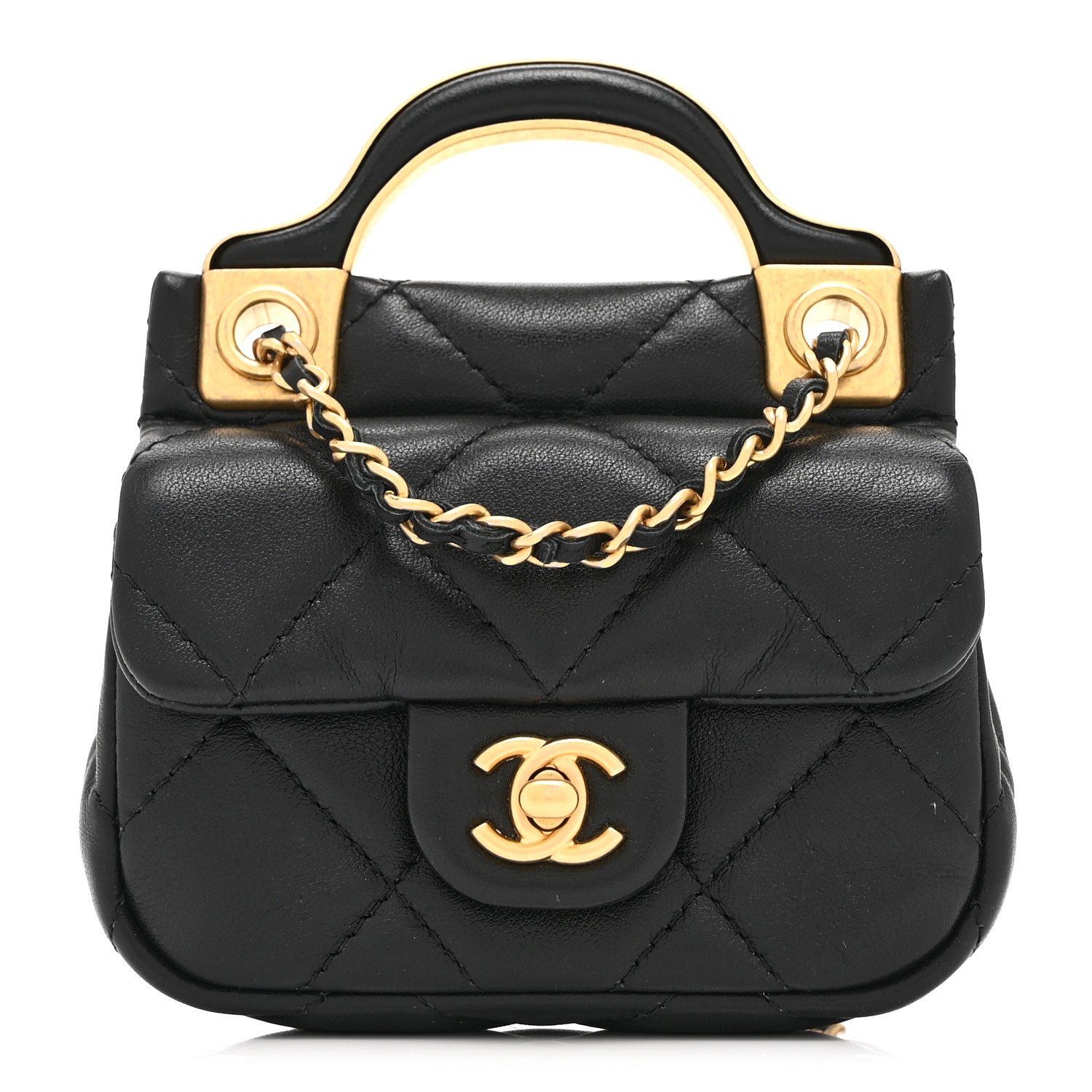 Chanel Calfskin Quilted Lady Handle Flap Card Holder With Chain Black