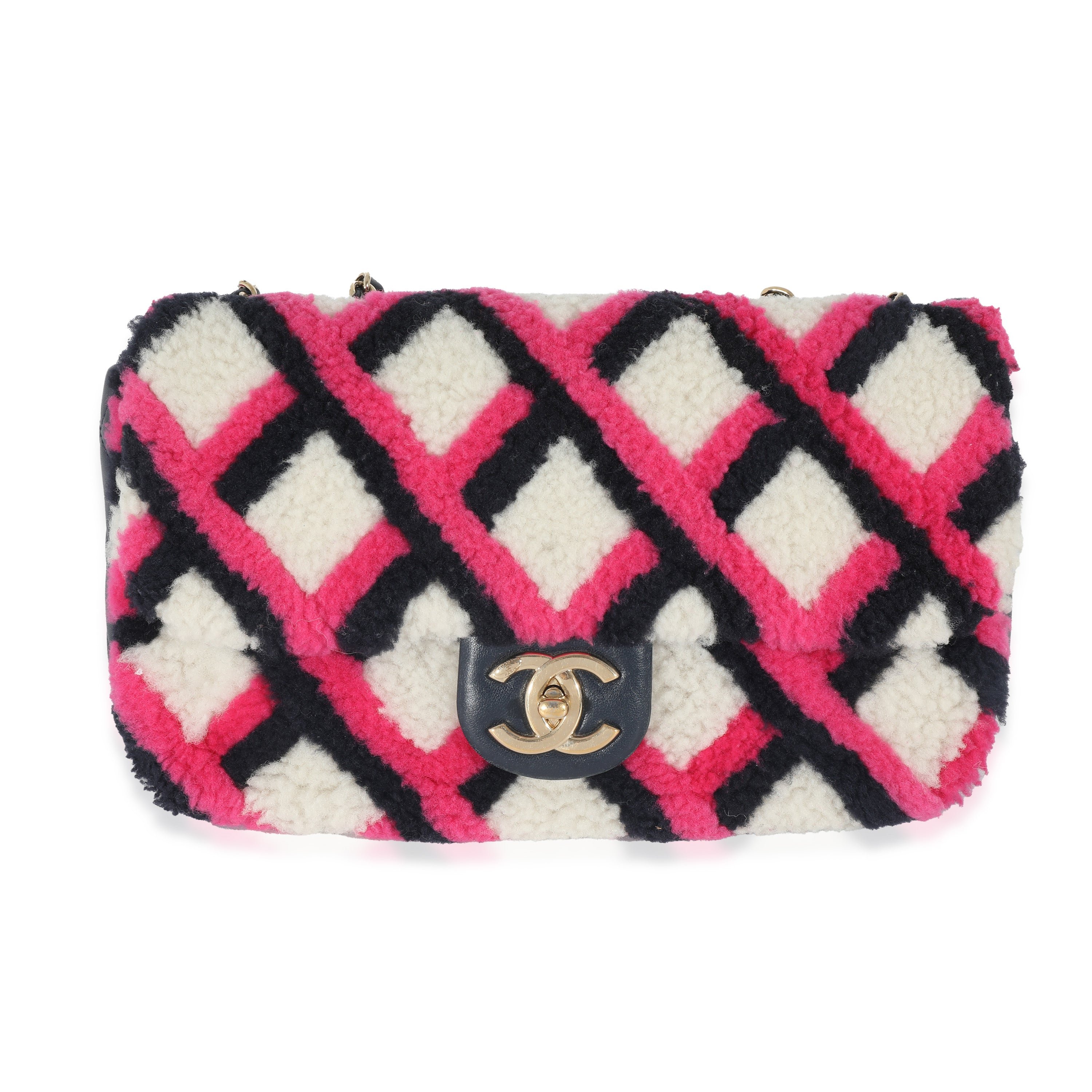 Fuchsia Navy White Shearling Lambskin Emoticon Single Flap Bag