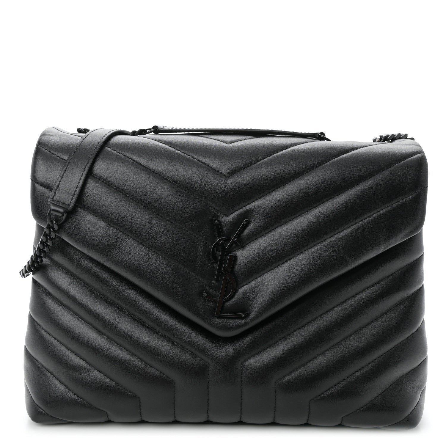 Saint Laurent Calfskin Y Quilted Monogram Monochrome Medium Loulou Chain Satchel Black