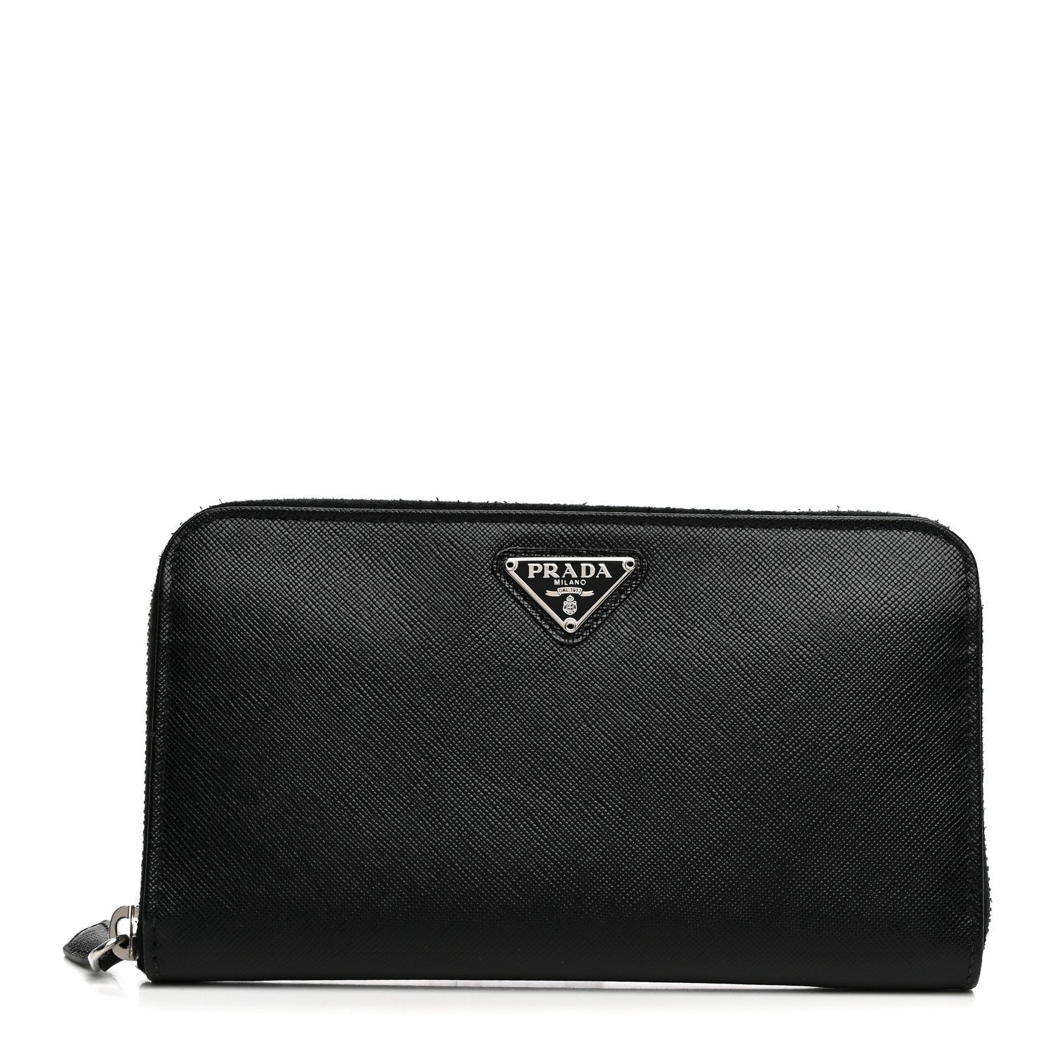 Prada Saffiano Triangle Zip Around Wallet Black