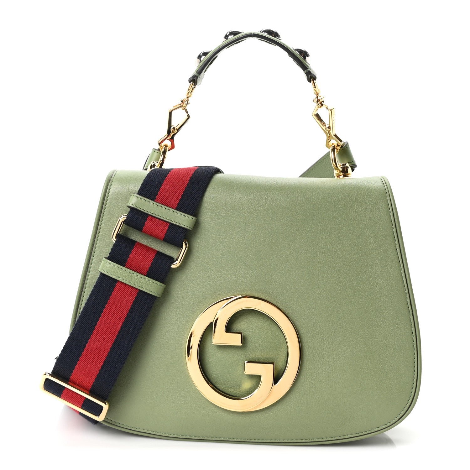 Gucci Roxy Calfskin Web Medium Blondie Top Handle Shoulder Flap Bag Salamander Green