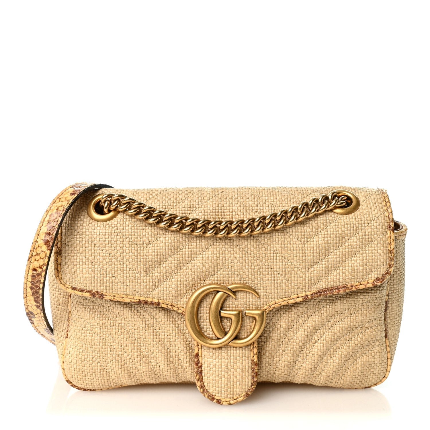 Gucci Raffia Elaphe Matelasse Small GG Marmont Shoulder Bag Natural Cream Brown