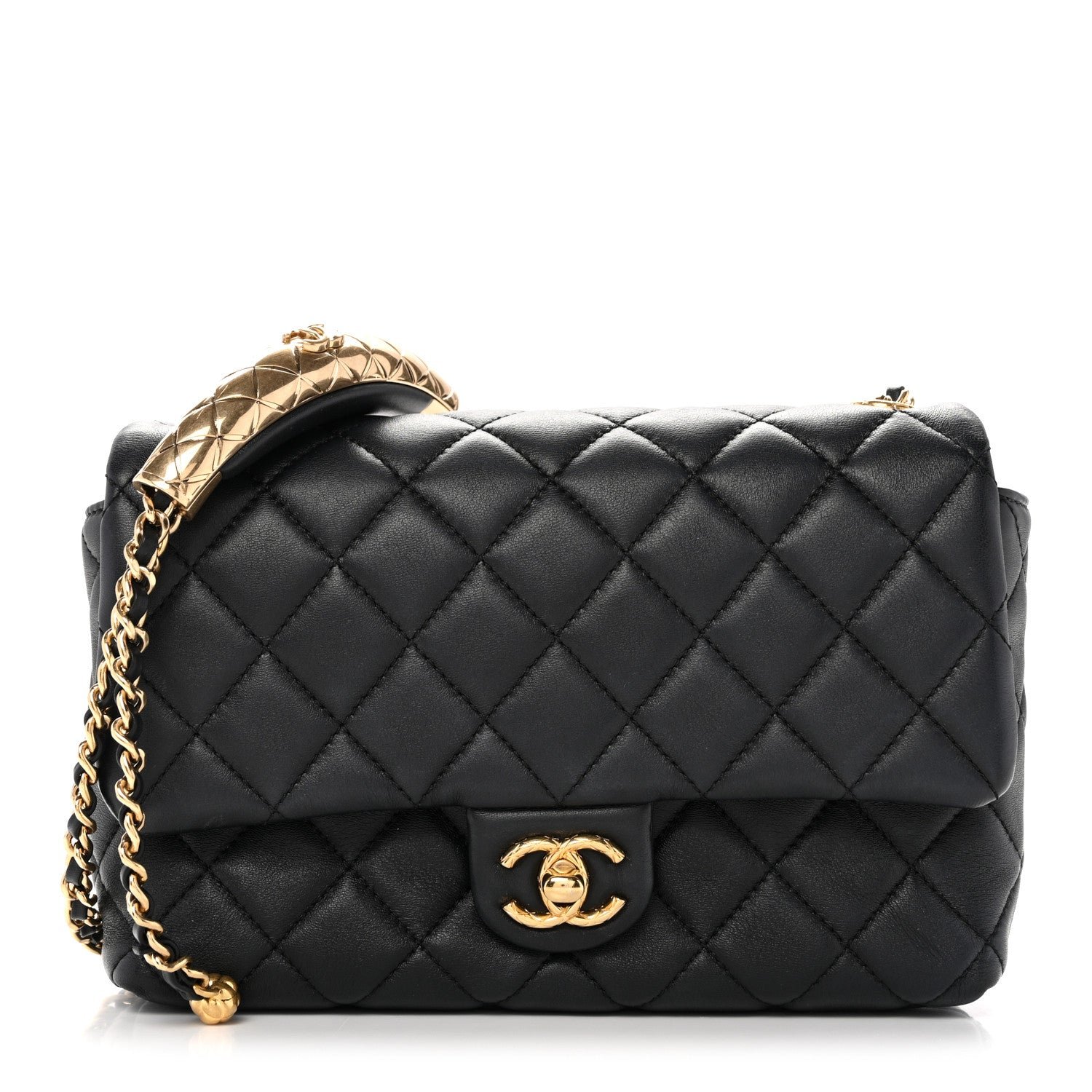 Chanel Lambskin Quilted Mini Quilted Handle Crush Flap Black