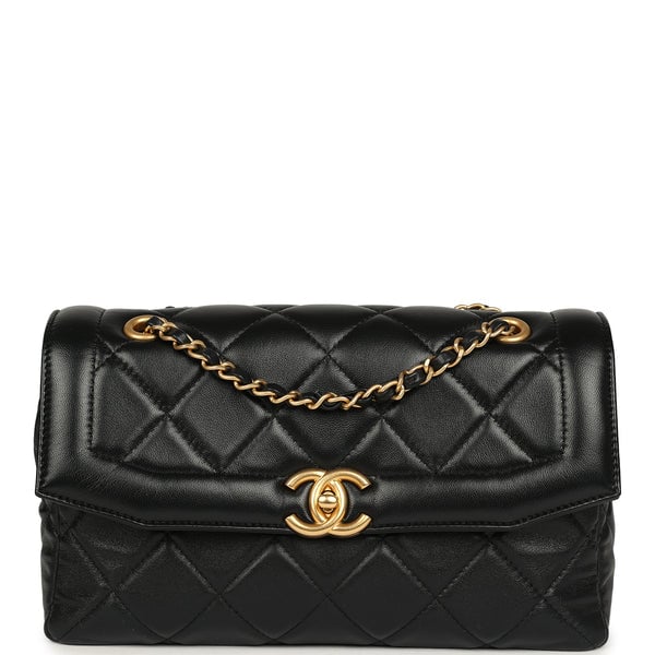 Chanel Medium Flap Bag Black Shiny Lambskin Antique Gold Hardware