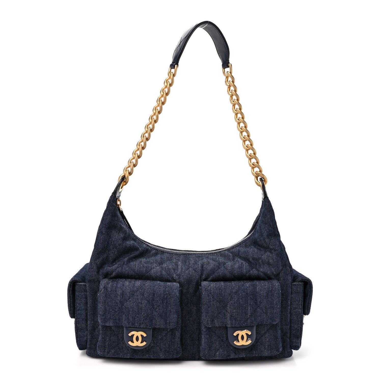 Chanel Washed Denim Quilted Large Trendy Pockets Hobo Dark Blue