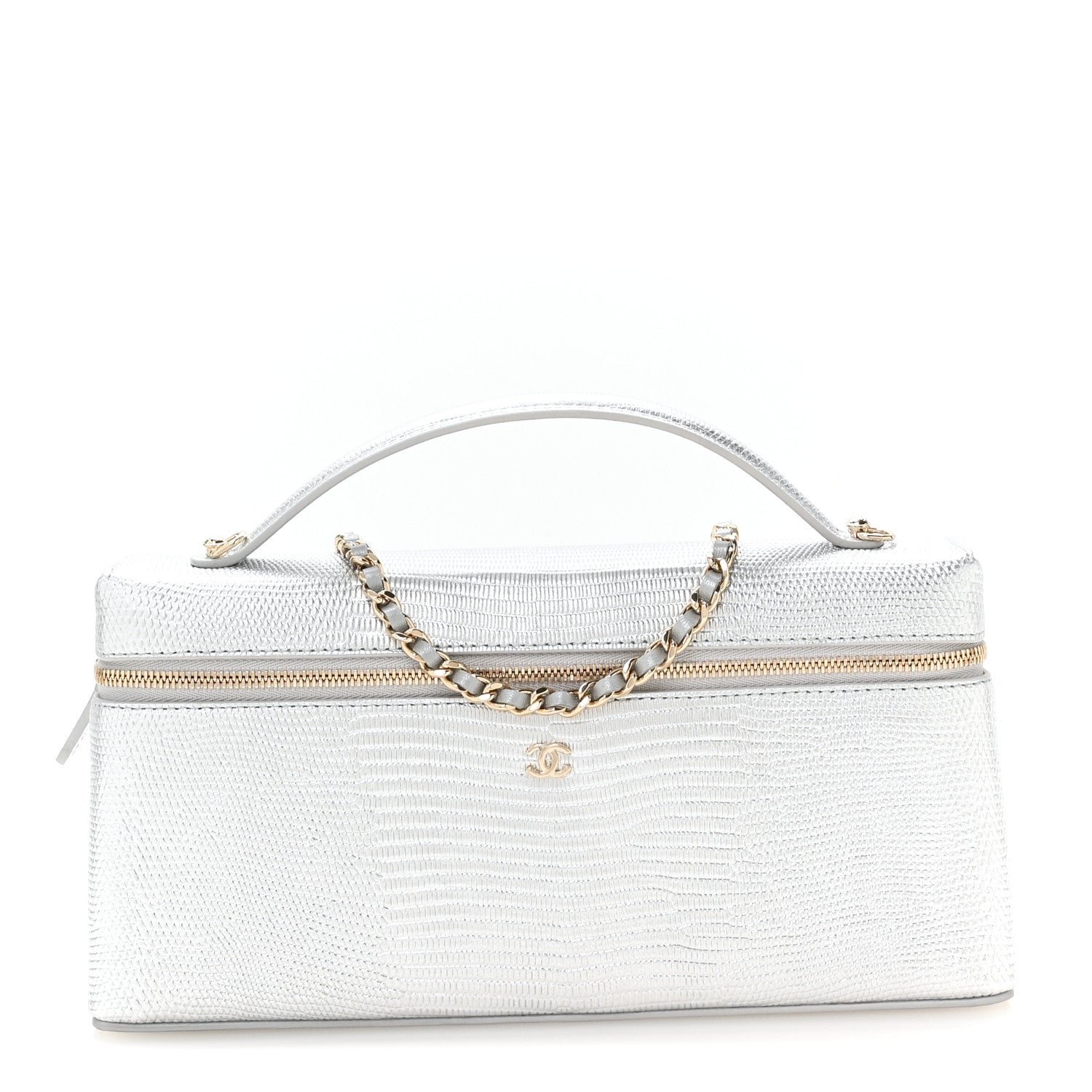 Chanel Lizard Embossed Top Handle Slim Vanity With Chain Silvery