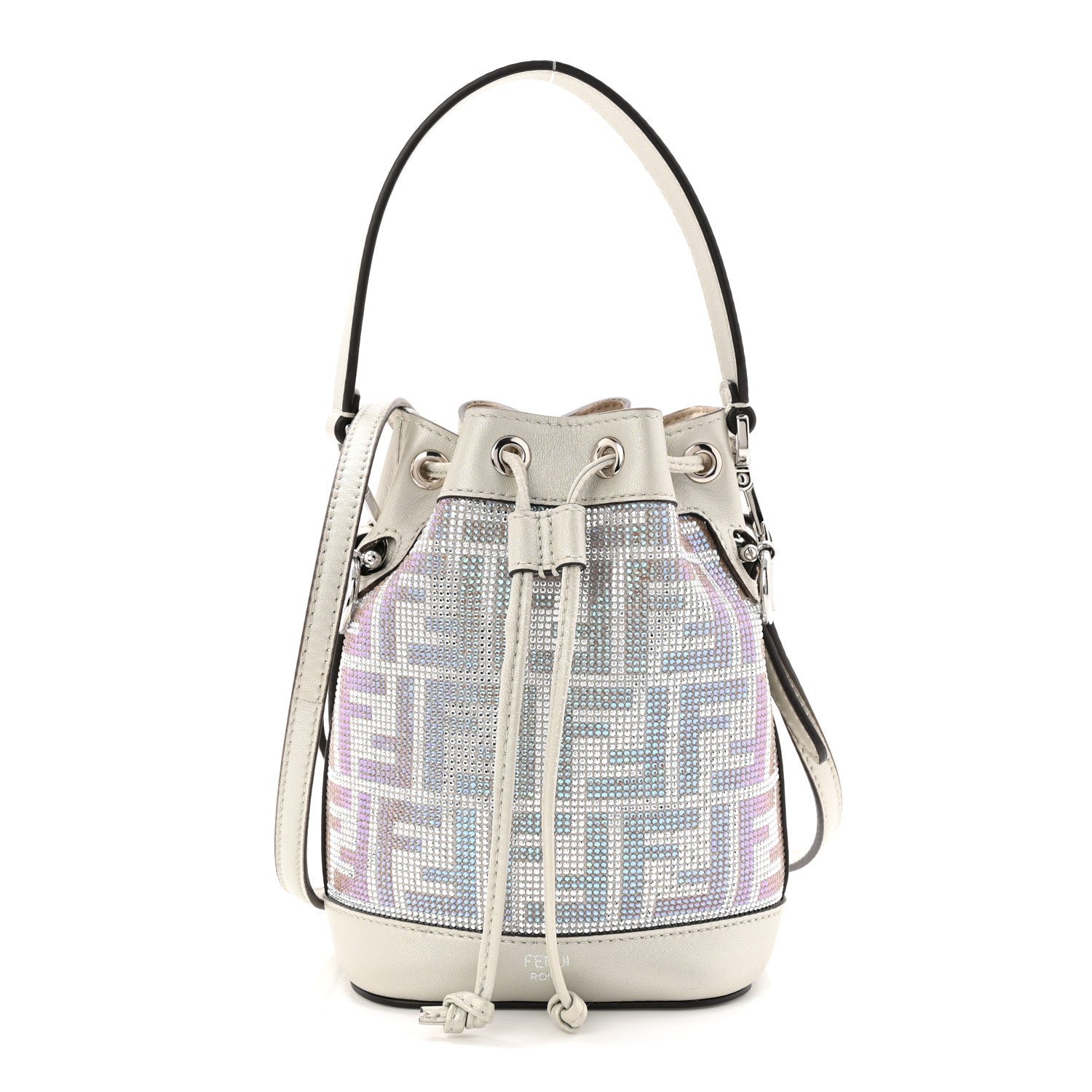Fendi Crystal Vitello Laminato FF Mini Mon Tresor Bucket Bag Crystal Argento