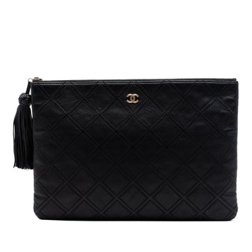 Lambskin Large Quilted Lambskin Double Stitch Tassel O Case Clutch