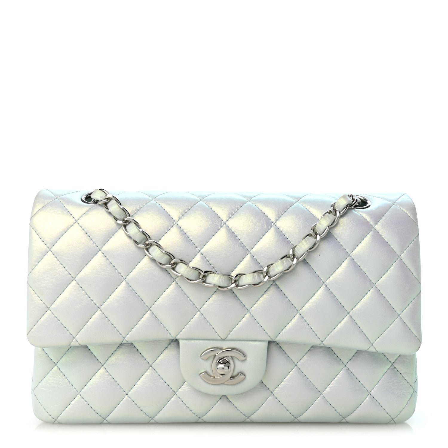 Chanel Iridescent Lambskin Quilted Medium Double Flap Light Blue