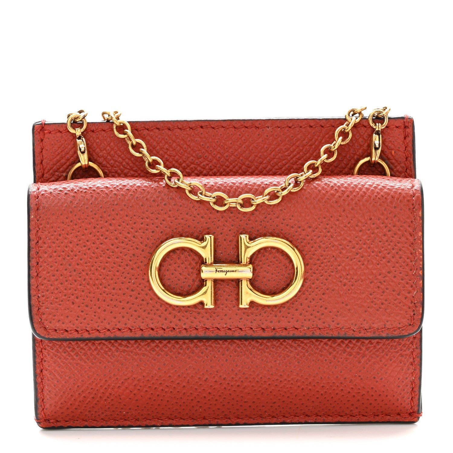 Salvatore Ferragamo Grained Calfskin Flap Chain Card Holder Ramas