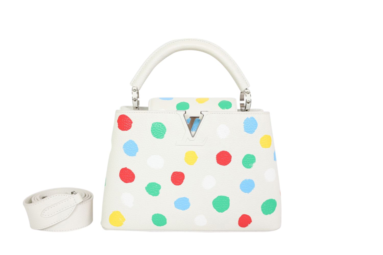 Louis Vuitton Louis Vuitton x Yayoi Kusama Capucines BB Bag, White Taurillon Leather with Multicolor Spots and Silver Hardware, Preowned in Box WA001