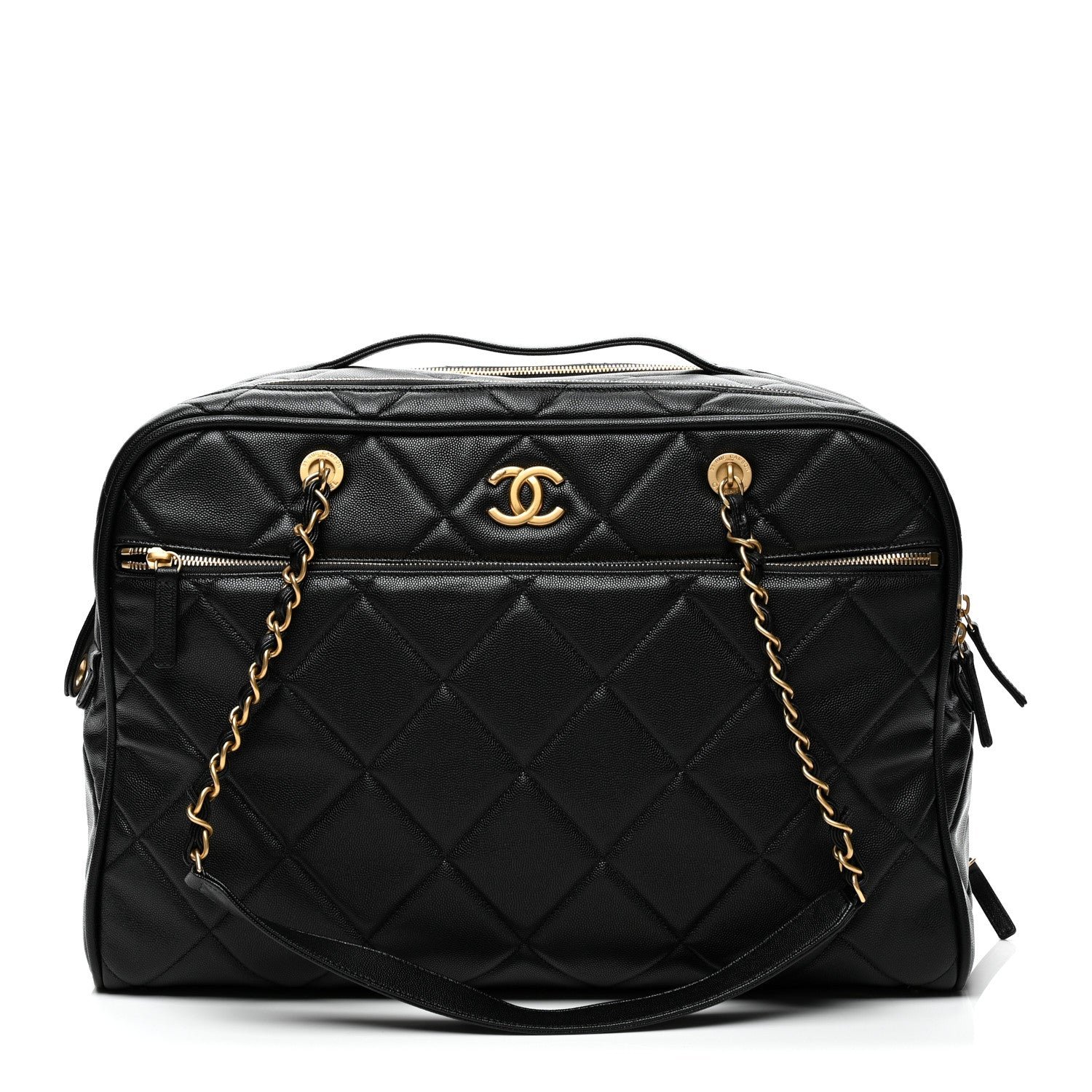 Chanel Shiny Grained Calfskin Quilted Travel Bowling Bag Black