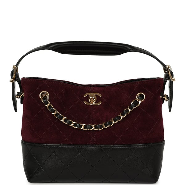 Chanel Mini Coco Base Bag Burgundy Suede, Black Lambskin Gold Hardware