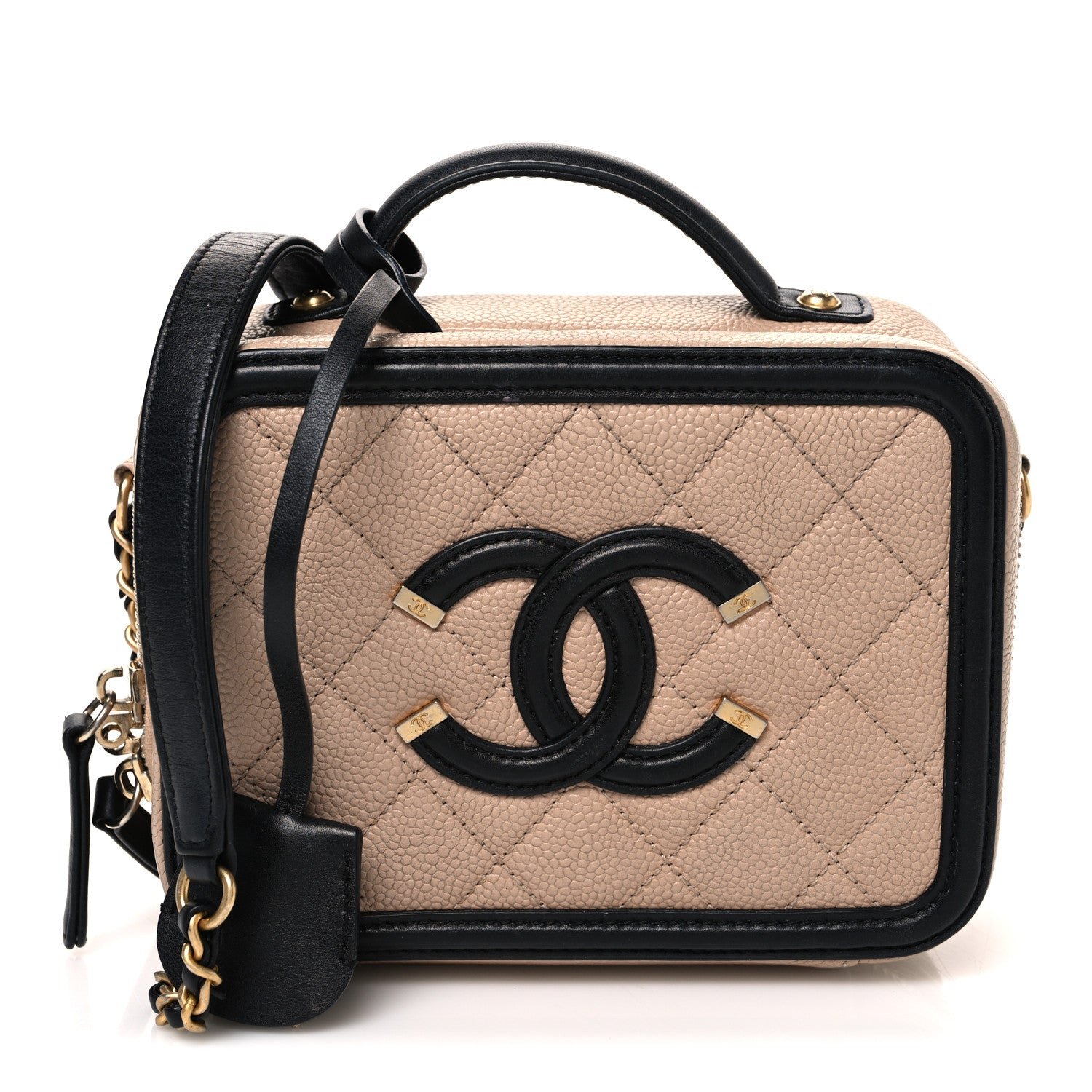 Chanel Caviar Quilted Small CC Filigree Vanity Case Beige Black
