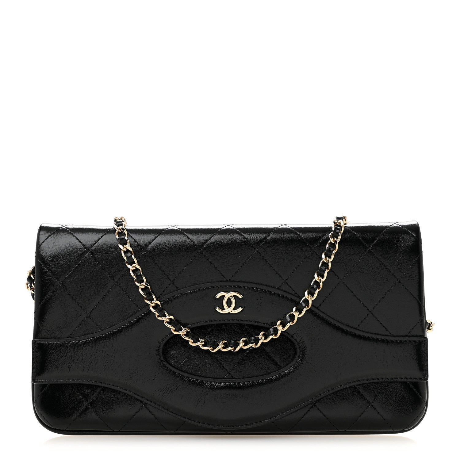 Chanel Shiny Crumpled Calfskin Quilted Clutch With Chain Black