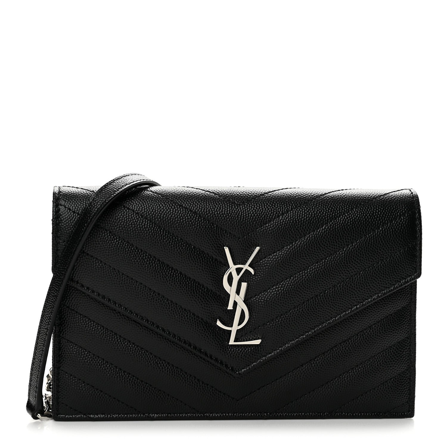 Saint Laurent Grain De Poudre Matelasse Chevron Monogram Chain Wallet Black