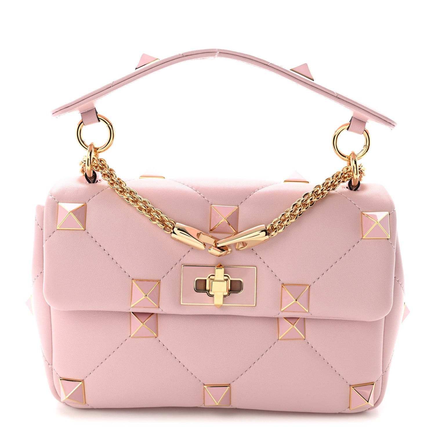 Valentino Garavani Nappa Enamel Medium Roman Stud Shoulder Bag Rose Quartz