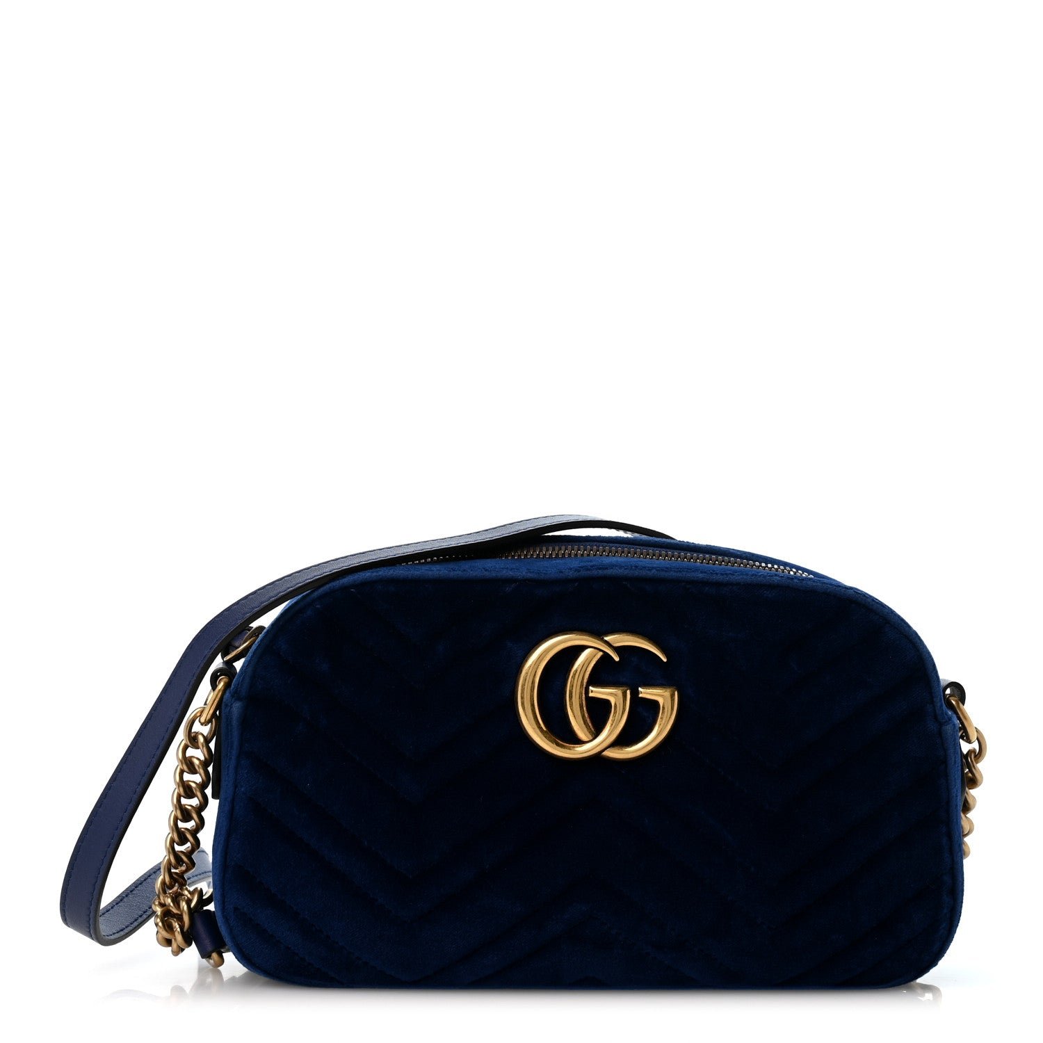 Gucci Velvet Matelasse Small GG Marmont Chain Shoulder Bag Cobalt