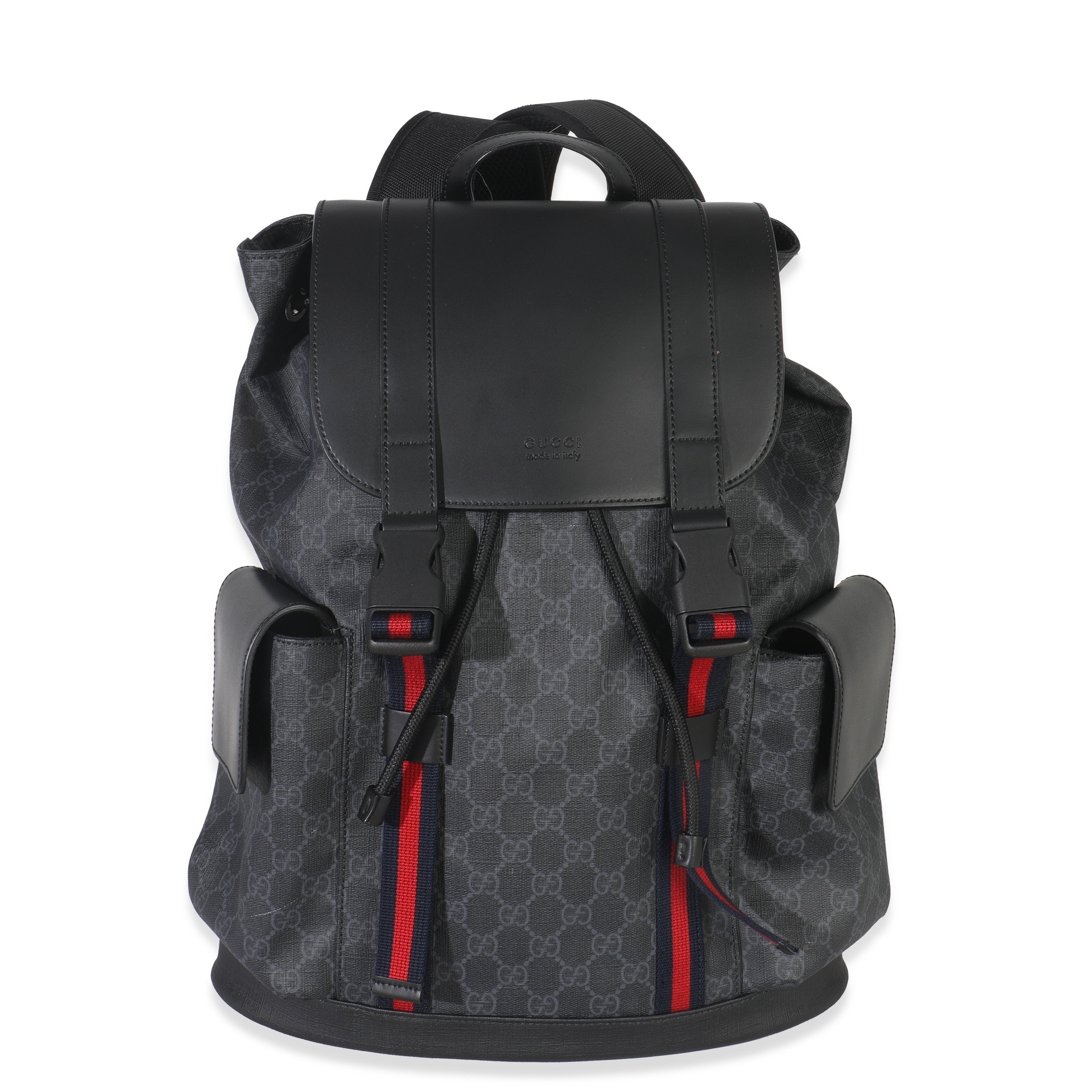 Gucci Black Soft GG Supreme Calfskin Web Double Buckle Backpack