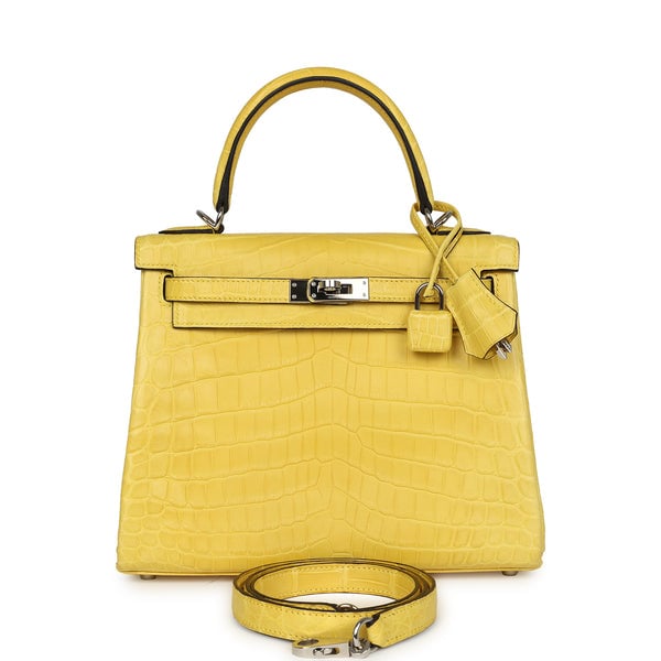 Pre-owned Hermes Kelly Retourne 25 Mimosa Matte Niloticus Crocodile Palladium Hardware