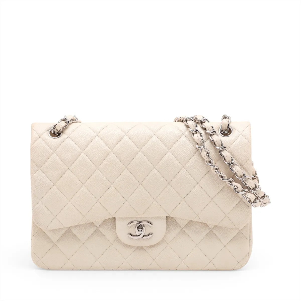 Chanel DEKAMATRASSE 30 Large Caviar Skin Double Flap Double Chain Bag White Silv