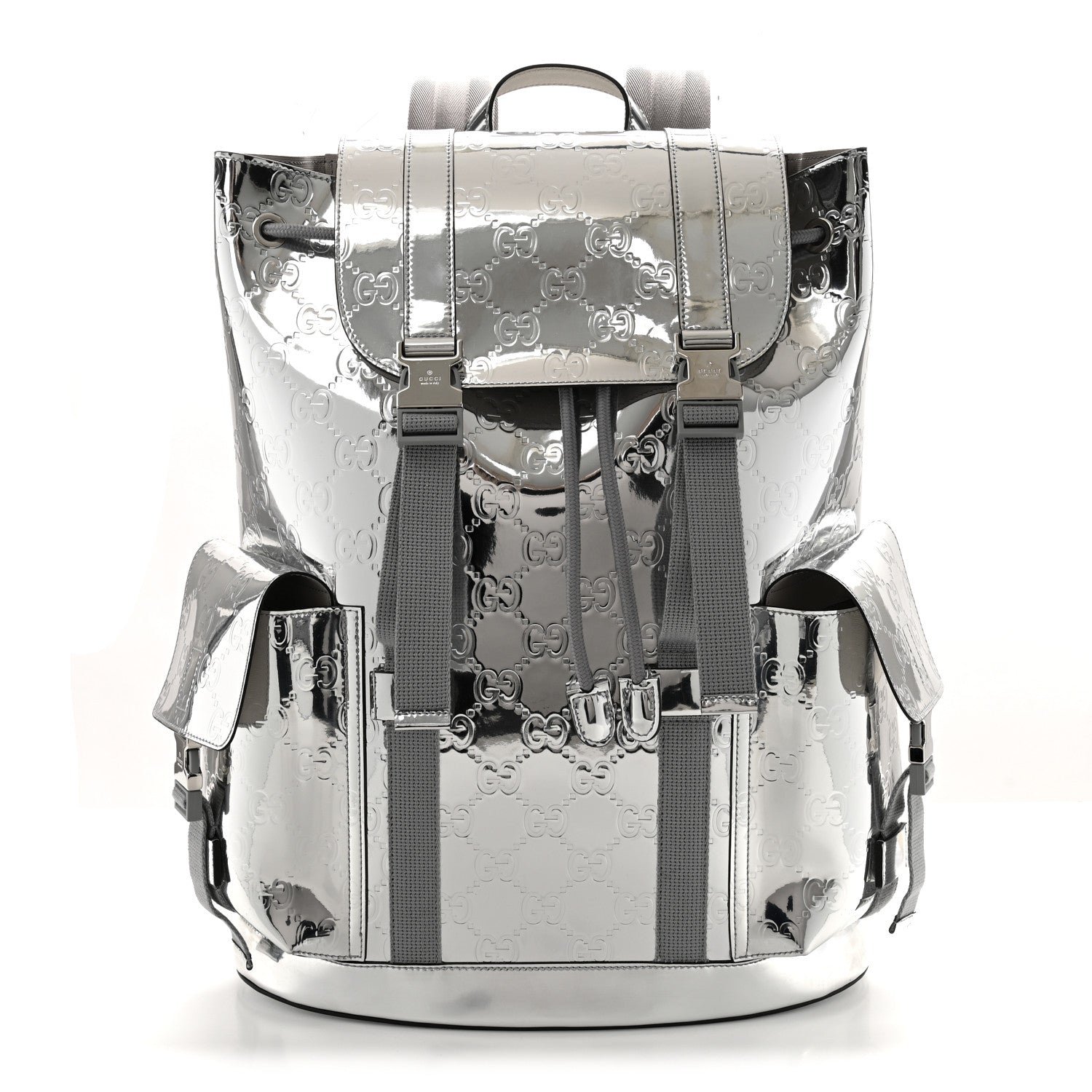 Gucci Mirror Effect GG Monogram Appia Calfskin Web Double Buckle Backpack Silver