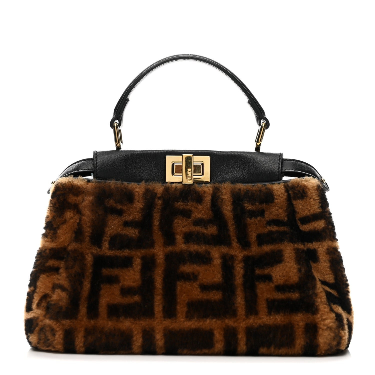Fendi Shearling Nappa Macro FF 1974 Mini Peekaboo Iconic Satchel Tobacco Black