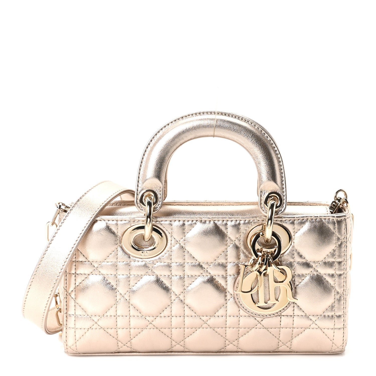 Christian Dior Metallic Lambskin Cannage Small Lady D-Joy Champagne
