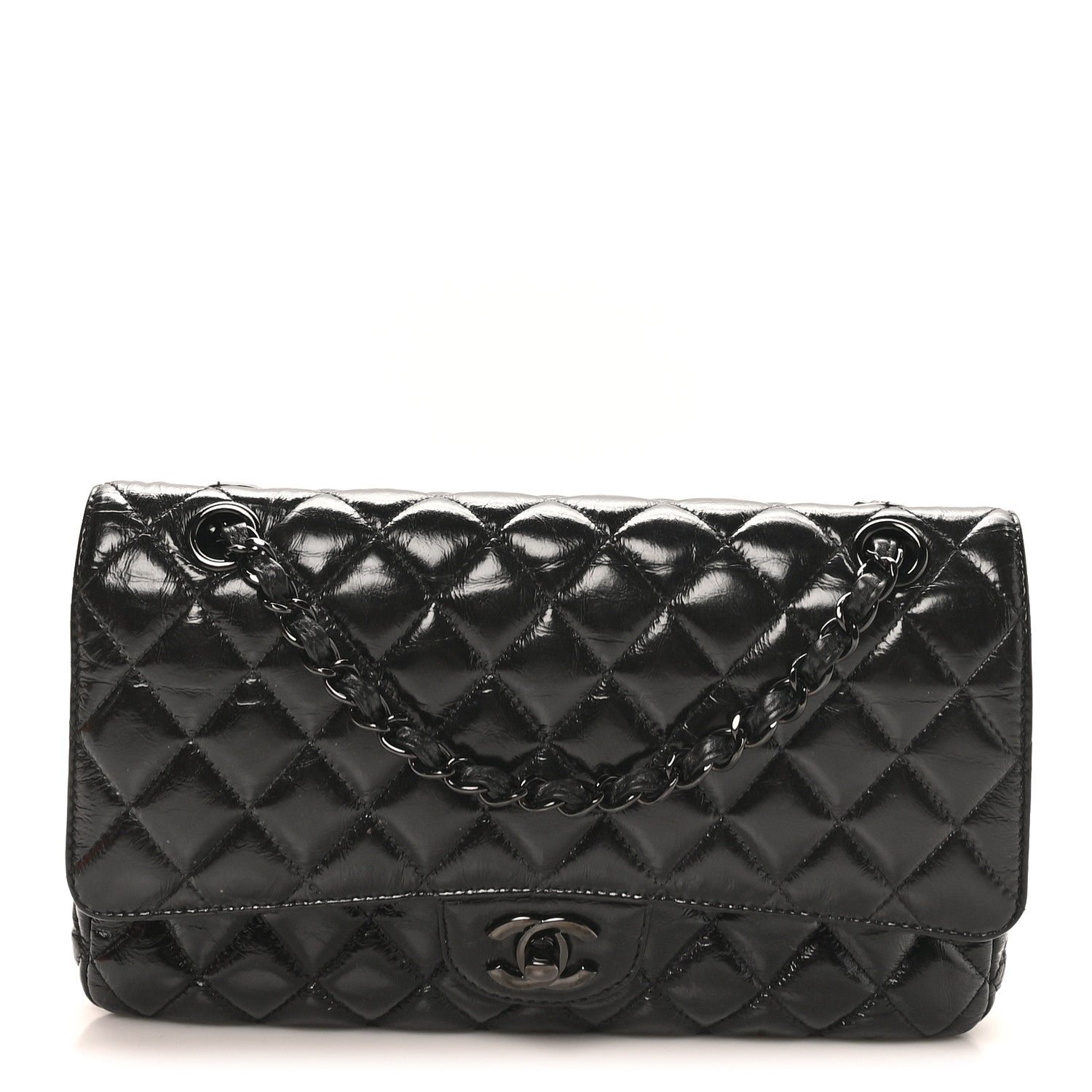 Chanel Shiny Crumpled Calfskin Quilted Medium Double Flap So Black