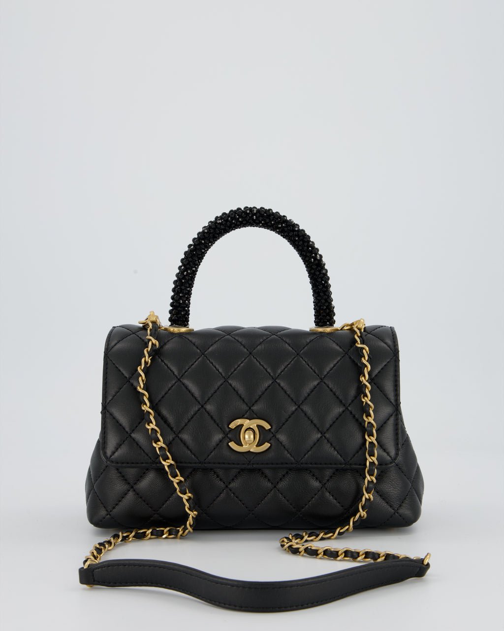 Chanel Small Coco Top Handle Bag in Black Smooth Calf Leather with Black Crystal-Encrusted Handle and Gold Hardware