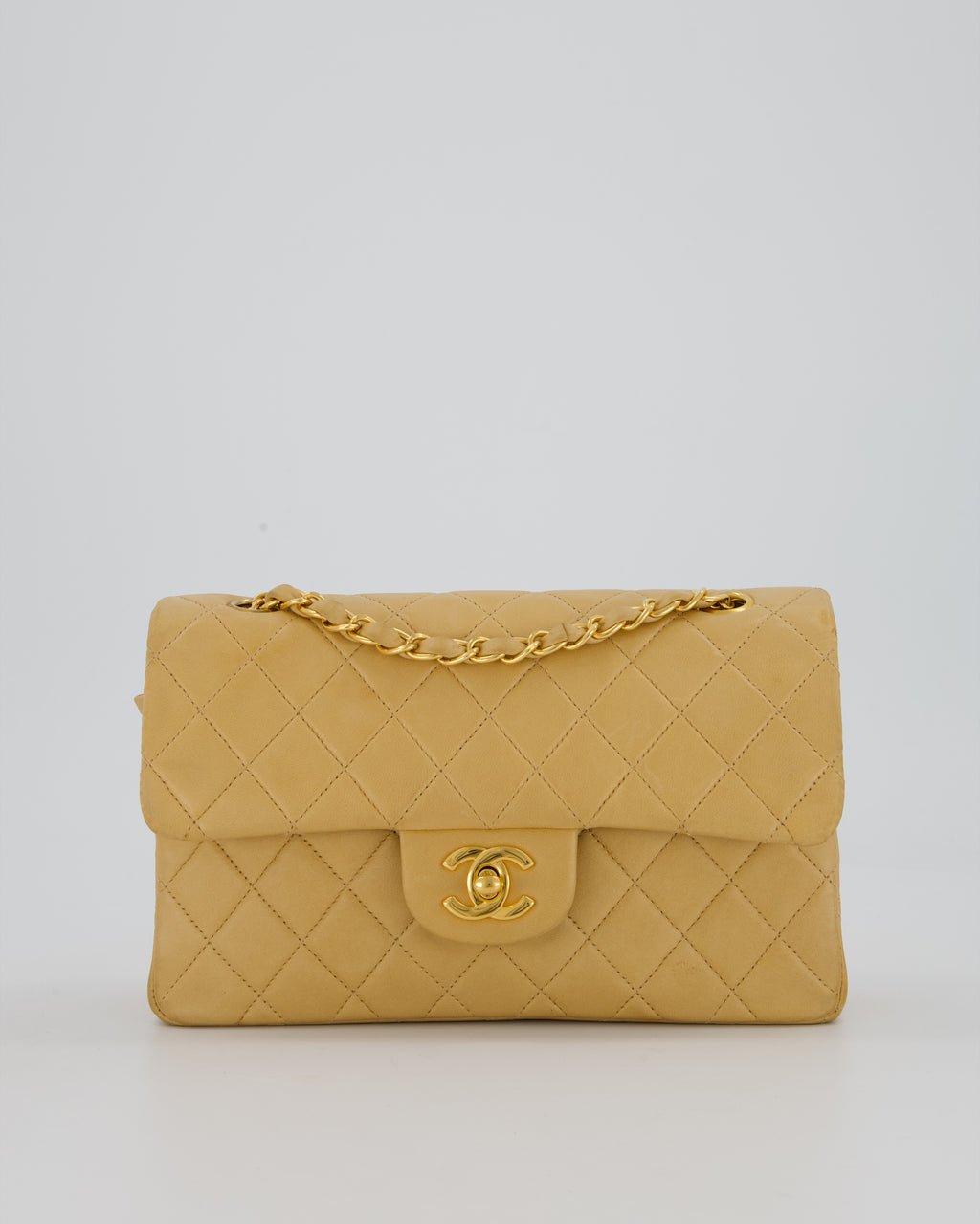 Chanel Vintage Beige Small Classic Double Flap Bag in Lambskin Leather with 24K Gold Hardware