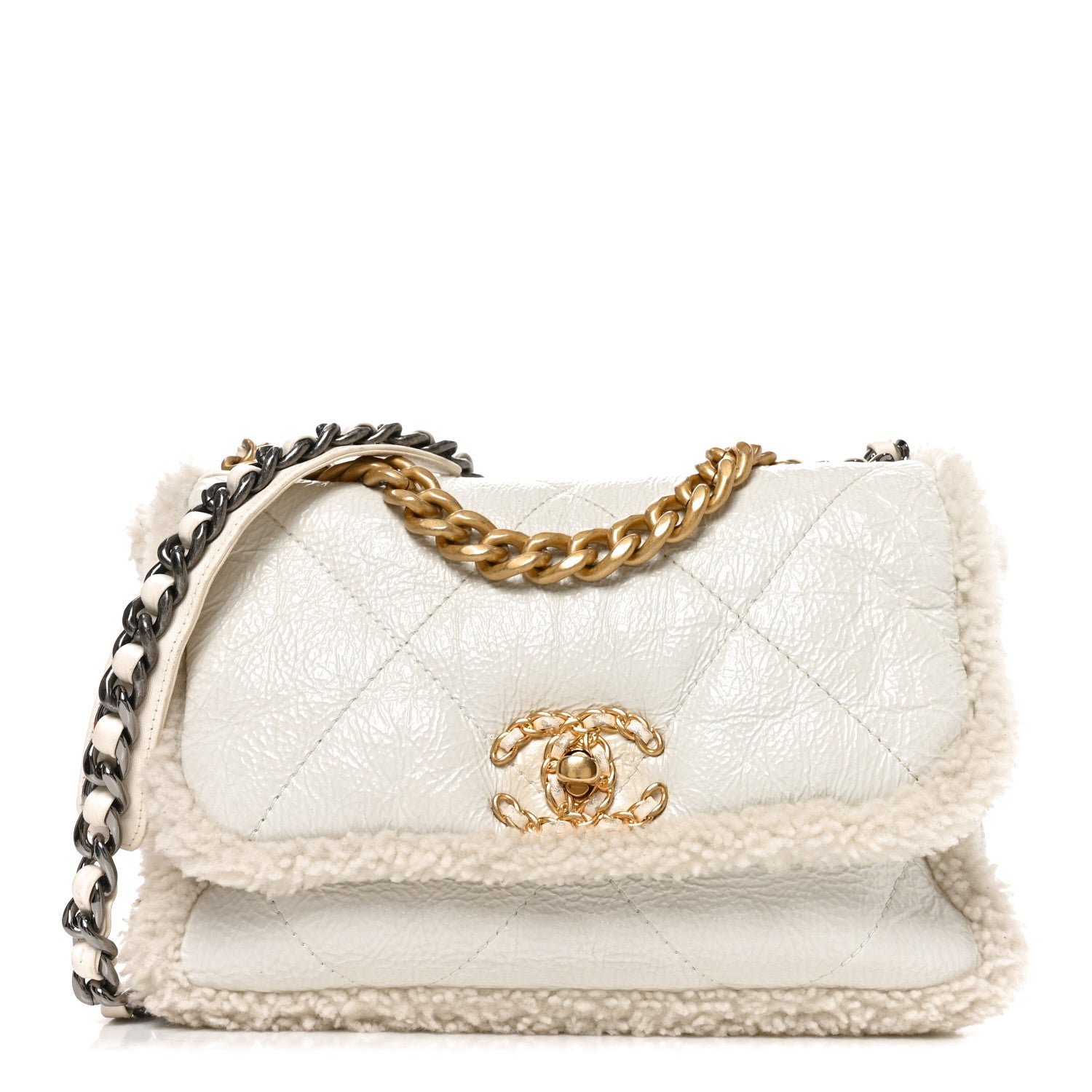 Chanel Crumpled Calfskin Shearling Sheepskin Medium Chanel 19 Flap White
