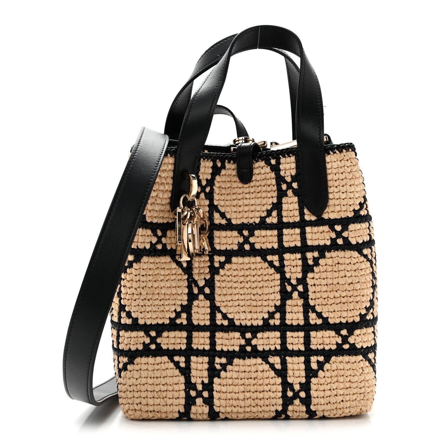 Christian Dior Calfskin Raffia Macrocannage Small Toujours Vertical Tote Black