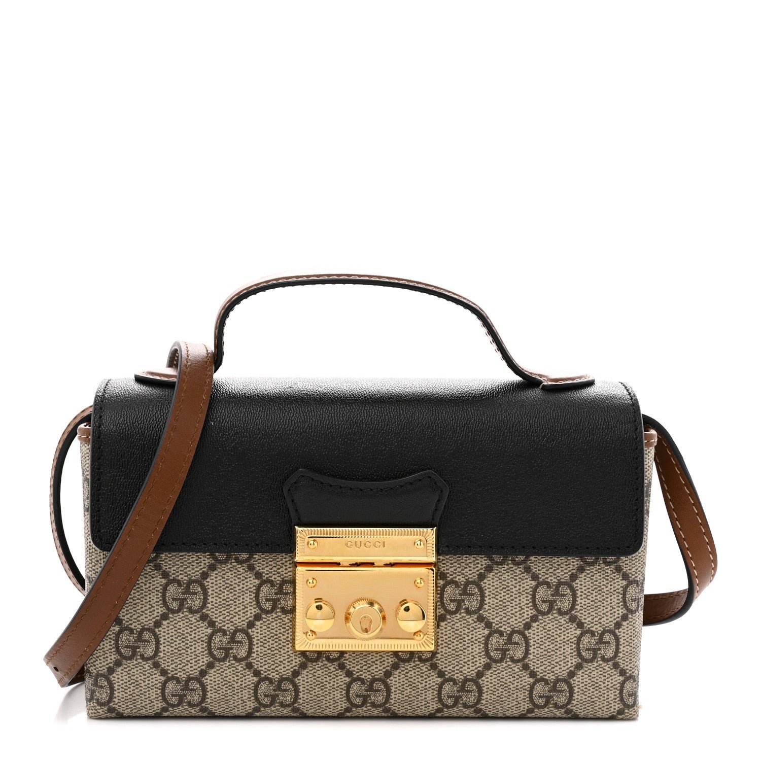 Gucci GG Supreme Monogram Calfskin Mini Padlock Top Handle Shoulder Bag Beige Black Cuir