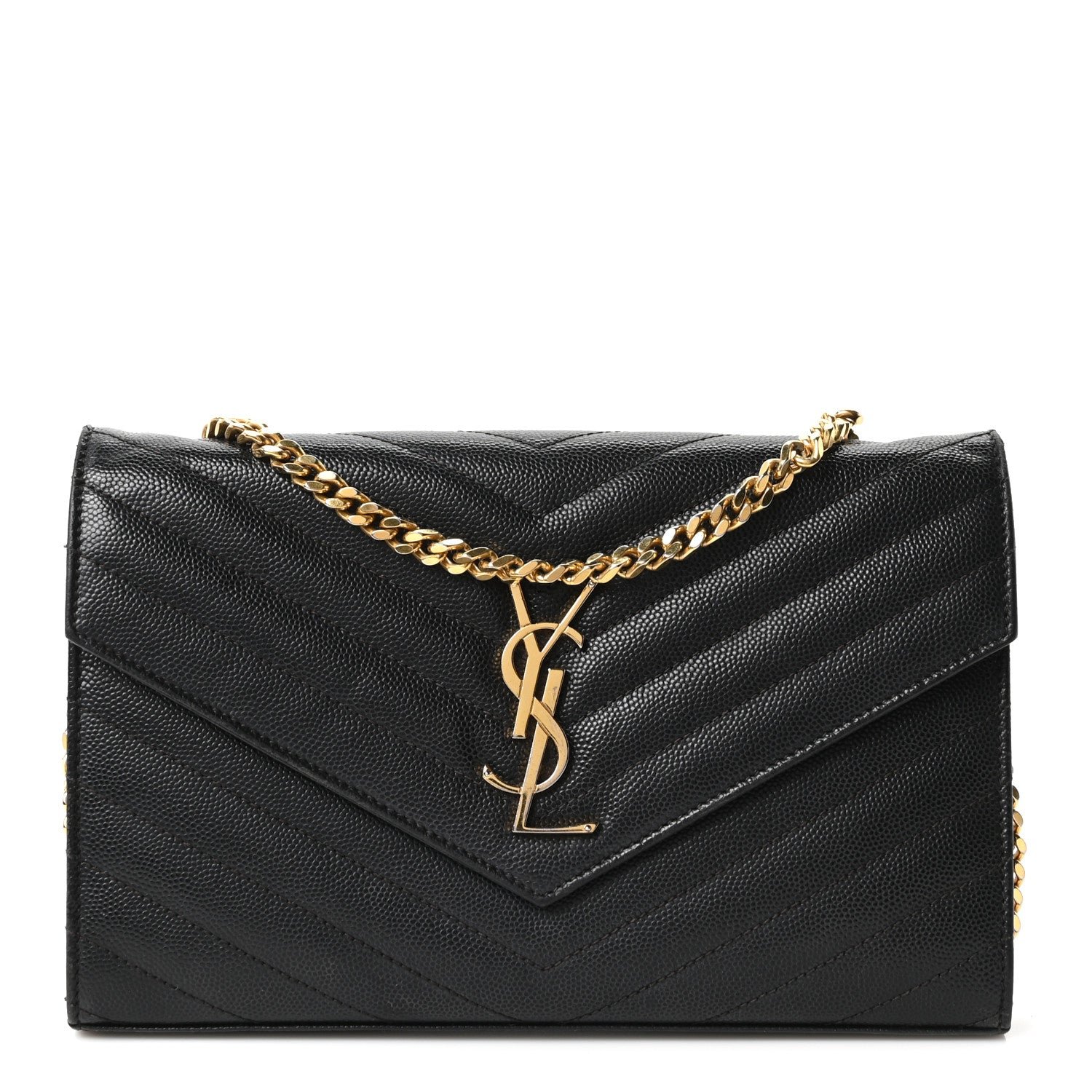 Saint Laurent Grain De Poudre Matelasse Chevron Monogram Chain Wallet Black