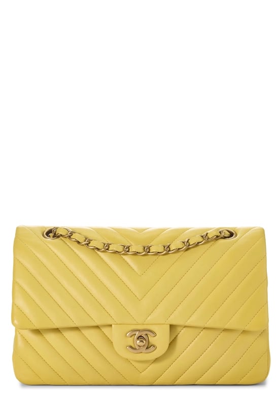 Yellow Chevron Lambskin Double Flap Medium