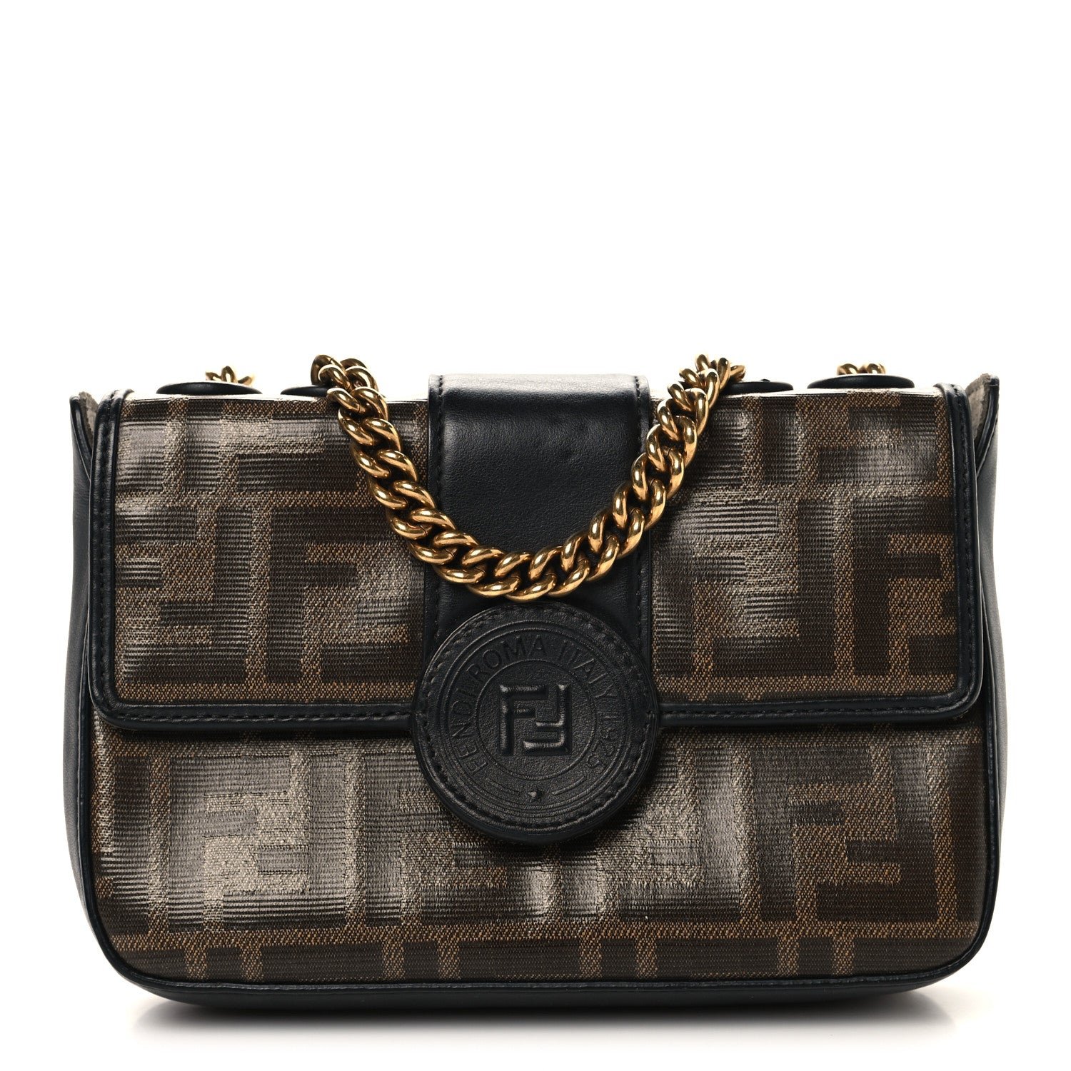 Fendi Glazed Fabric Vitello Century FF 1974 Stamp Patch Mini Double F Crossbody Bag Mogano Panna Black