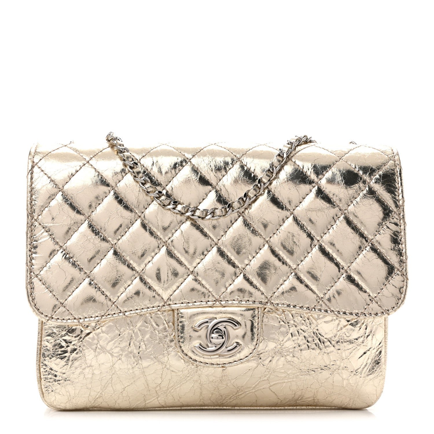 Chanel Metallic Crackled Calfskin Medium Clam's Pocket Flap Gold