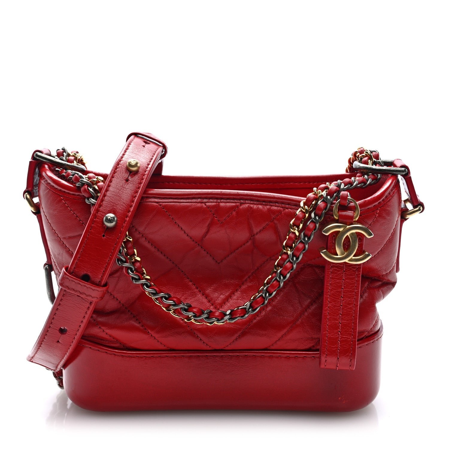 Chanel Aged Calfskin Chevron Quilted Small Gabrielle Hobo Red