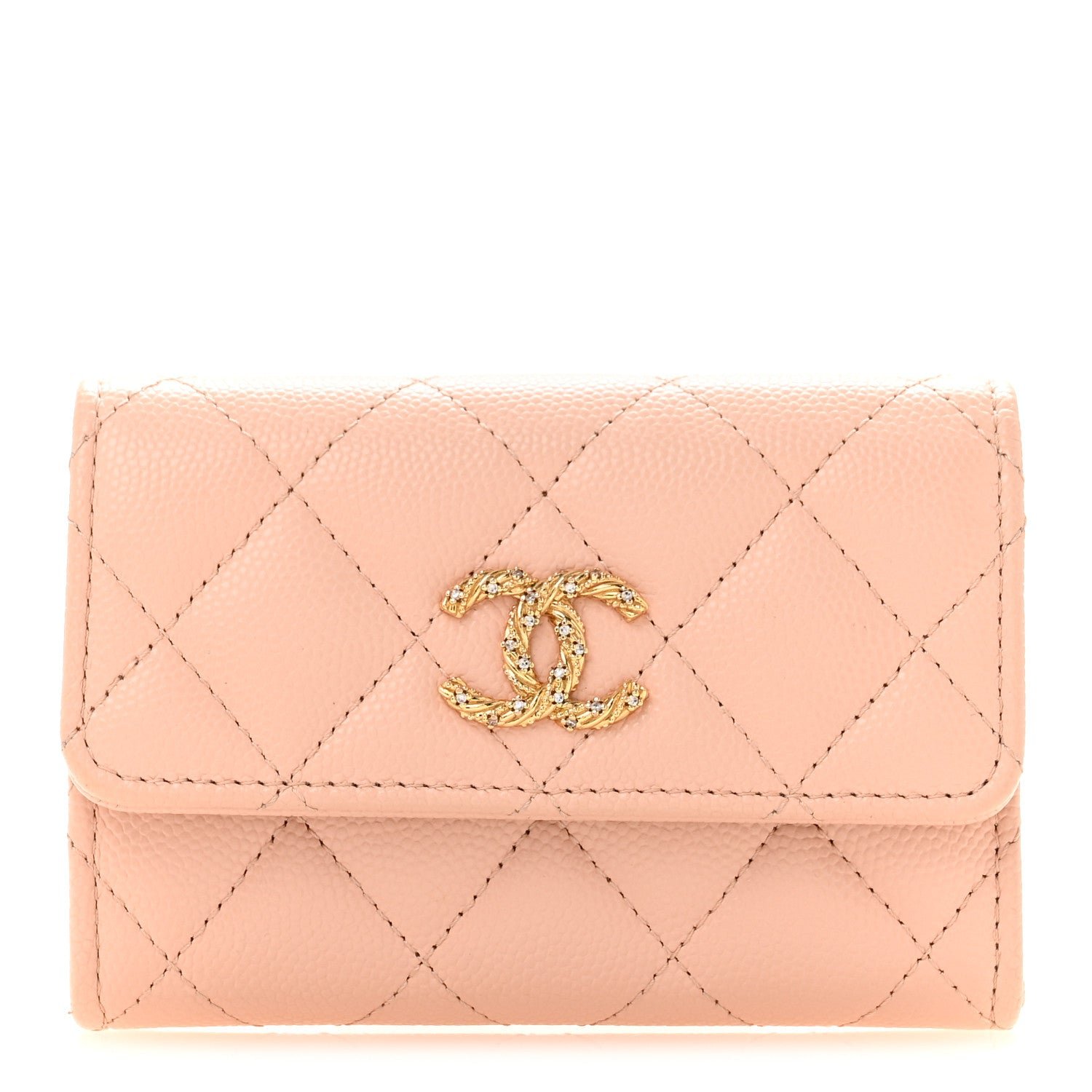 Chanel Caviar Quilted Crystal CC Flap Card Holder Pink