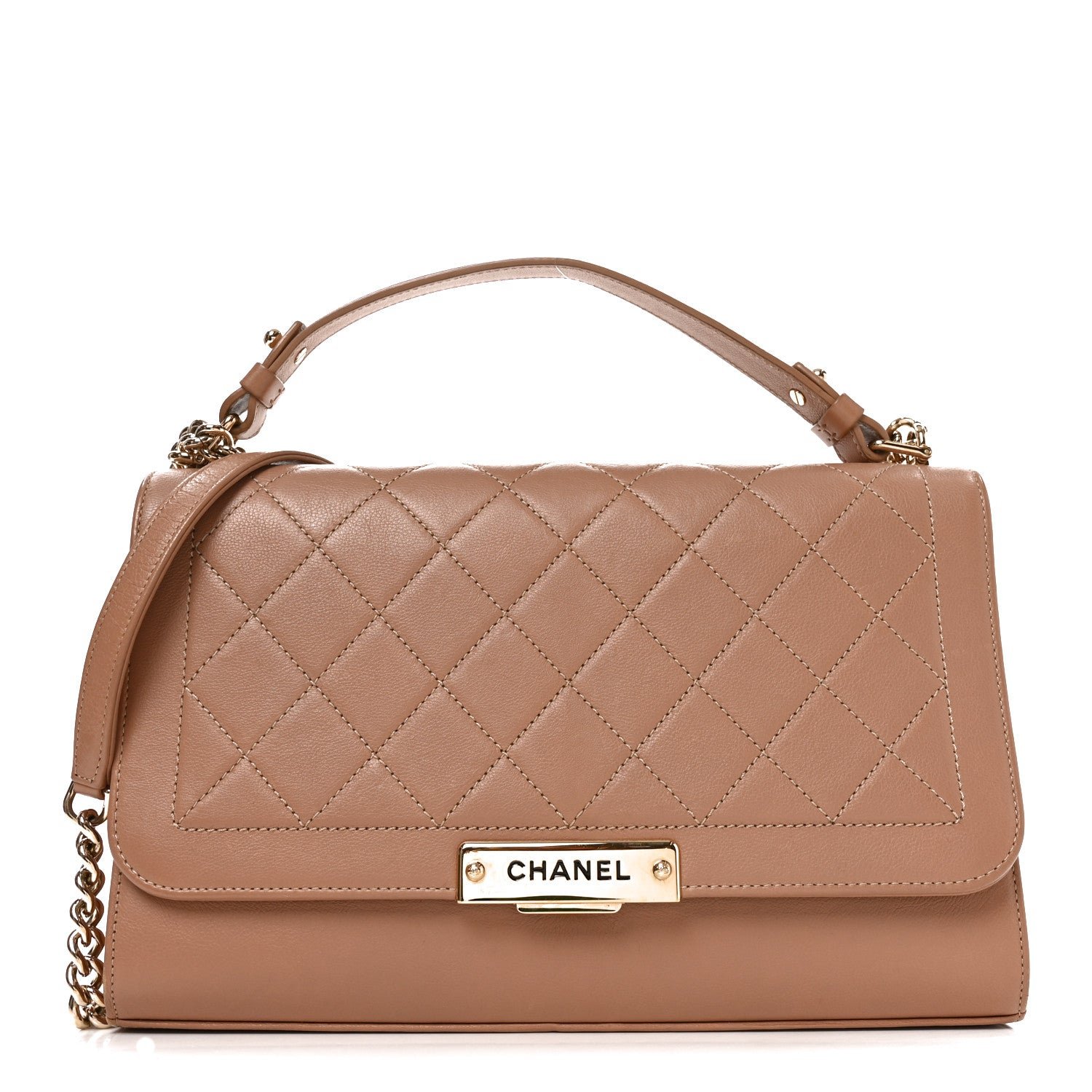 Chanel Grained Calfskin Quilted Large Label Click Flap Bag Beige
