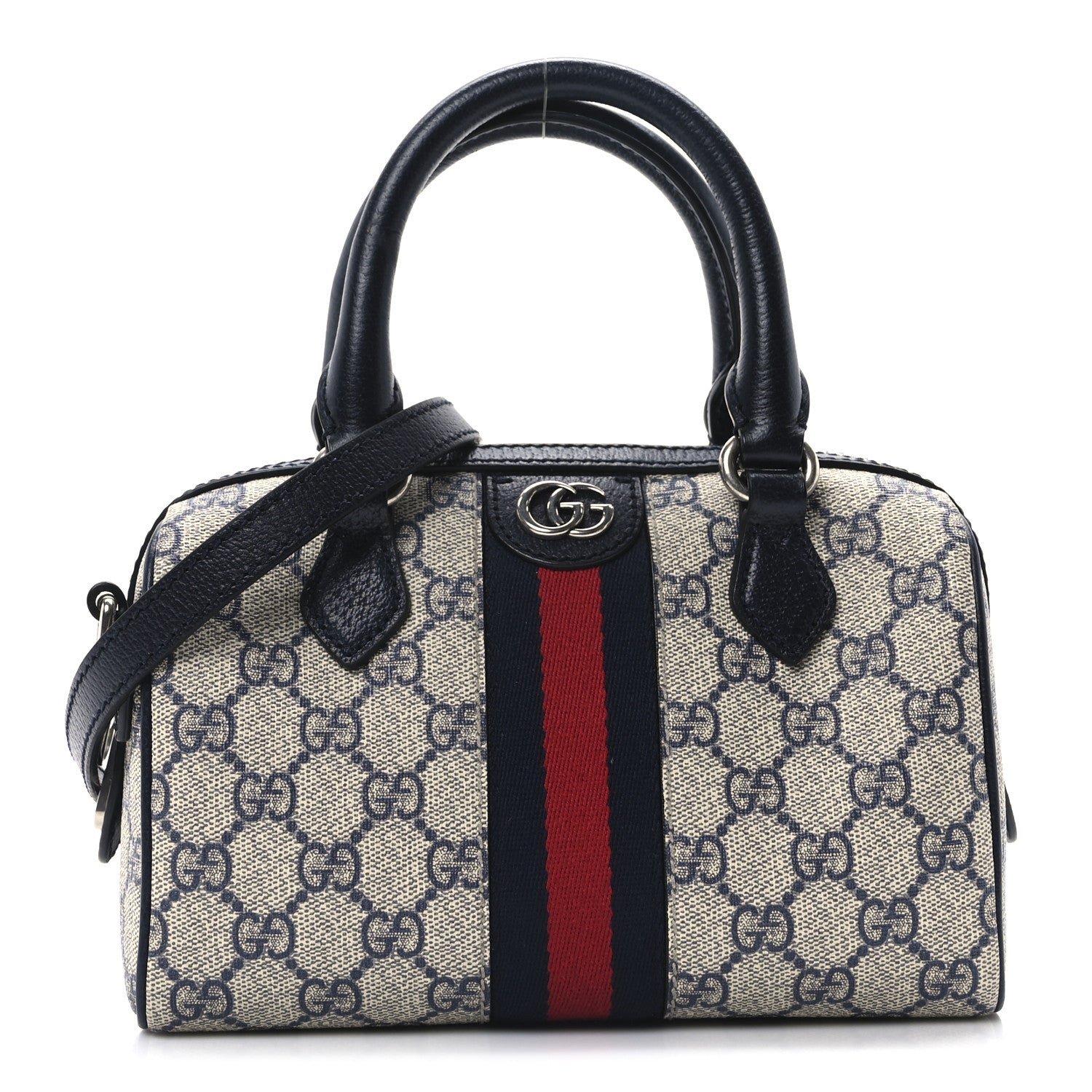 Gucci GG Supreme Monogram Textured Dollar Calfskin Web Mini Ophidia Top Handle Bag Beige Blue