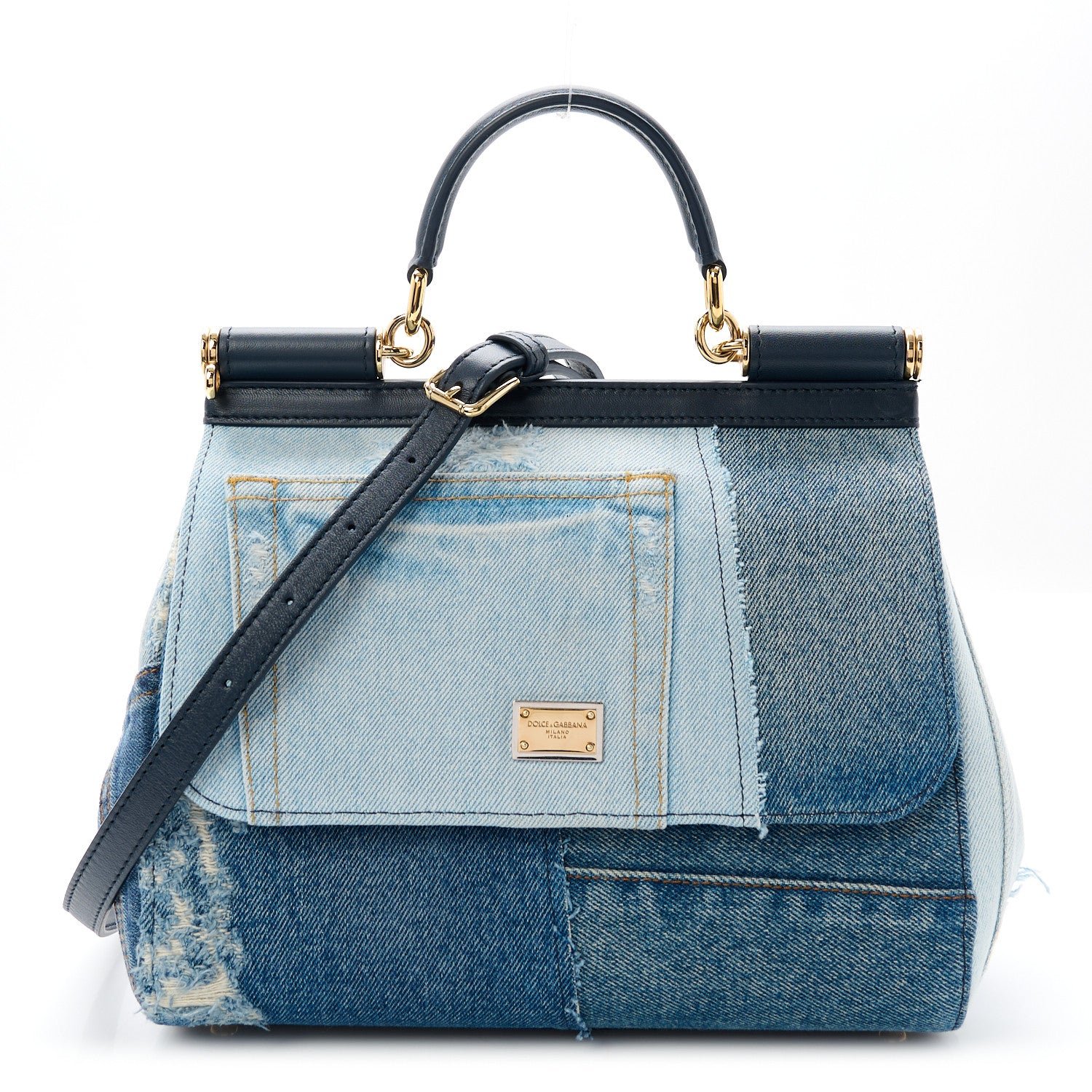 Dolce & Gabbana Calfskin Denim Patchwork Medium Miss Sicily Satchel Blue